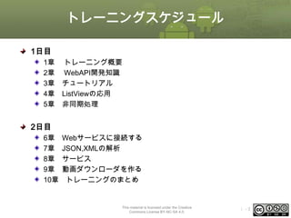 トレーニングスケジュール
1日目
1章 トレーニング概要
2章 WebAPI開発知識
3章 チュートリアル
4章 ListViewの応用
5章 非同期処理

2日目
6章
7章
8章
9章
10章

Webサービスに接続する
JSON,XMLの解析
サービス
動画ダウンローダを作る
トレーニングのまとめ

This material is licensed under the Creative
Commons License BY-NC-SA 4.0.

ⅰ-3

 