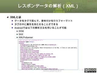 レスポンデータの解析（XML）
XMLとは
データをタグで囲んで、意味付けを行うフォーマット
タグの中に属性を持たせることができる
Androidでは以下の解析方法を用いることが可能
DOM
SAX
XMLPullparser

This material is licensed under the Creative
Commons License BY-NC-SA 4.0.

ⅰ - 31

 