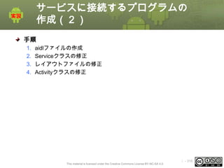 サービスに接続するプログラムの
作成（２）
手順
1.
2.
3.
4.

aidlファイルの作成
Serviceクラスの修正
レイアウトファイルの修正
Activityクラスの修正

This material is licensed under the Creative Commons License BY-NC-SA 4.0.

ⅰ - 316

 