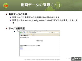 動画データの登録（１）
動画データの登録
動画サーバに動画データを登録する必要があります
動画データはandroid_trainig_webapidatasにサンプルが用意してありま
す

サーバ起動手順
「1.8 GAEサーバを起動する」を参照

This material is licensed under the Creative Commons License BY-NC-SA 4.0.

ⅰ - 332

 
