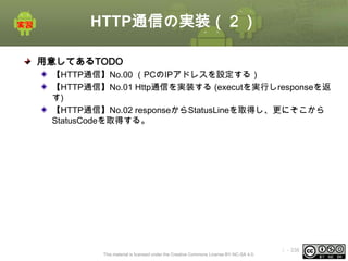 HTTP通信の実装（２）
用意してあるTODO
【HTTP通信】No.00 （PCのIPアドレスを設定する）
【HTTP通信】No.01 Http通信を実装する (executを実行しresponseを返
す)
【HTTP通信】No.02 responseからStatusLineを取得し、更にそこから
StatusCodeを取得する。

This material is licensed under the Creative Commons License BY-NC-SA 4.0.

ⅰ - 338

 
