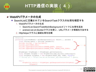 HTTP通信の実装（４）
WebAPIパラメータの生成
SearchListに定義されているSearchTaskクラスの処理を確認する
1. WebAPIパラメータの生成
• SearchList.SearchTask#doInBackgroundメソッドに処理を追加
• android.net.Uri.Builderクラスを使い、URLパラメータ情報を付加する
2. HttpHelperクラスに接続処理を依頼
@Override
protected List<RowModel> doInBackground(final Object... params) {
final String query = (String) params[0];
Builder builder = new Builder();
builder.path(FEED_URL);
builder.appendQueryParameter(PARAM_QUERY, query);
builder.appendQueryParameter(PARAM_TYPE, PARAM_TYPE_JSON);

・・・①

HttpHelper httpHelper = HttpHelper.getInstance();
final HttpGet httpGet = new HttpGet(builder.build().toString());
final HttpHost httpHost = new HttpHost(HOST_URL, PORT, "http");
// String url = "http://xx.xx.xx.xx:xxxx/_api?searchword=" + query;
try {
HttpEntity entity = httpHelper.getResponseContent(httpHost,
httpGet);

This material is licensed under the Creative Commons License BY-NC-SA 4.0.

・・・②

ⅰ - 340

 