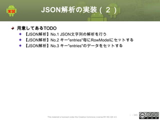JSON解析の実装（２）
用意してあるTODO
【JSON解析】No.1 JSON文字列の解析を行う
【JSON解析】No.2 キー"entries"毎にRowModelにセットする
【JSON解析】No.3 キー"entries"のデータをセットする

This material is licensed under the Creative Commons License BY-NC-SA 4.0.

ⅰ - 345

 
