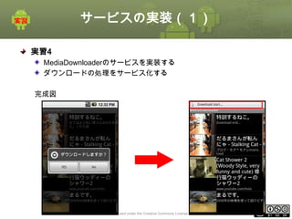 サービスの実装（１）
実習4
MediaDownloaderのサービスを実装する
ダウンロードの処理をサービス化する
完成図

This material is licensed under the Creative Commons License BY-NC-SA 4.0.

ⅰ - 372

 