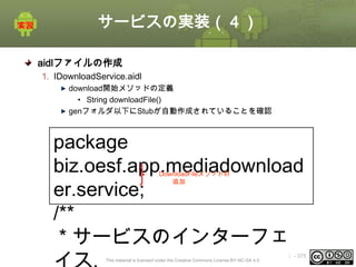 サービスの実装（４）
aidlファイルの作成
1. IDownloadService.aidl
download開始メソッドの定義
• String downloadFile()
genフォルダ以下にStubが自動作成されていることを確認

package
biz.oesf.app.mediadownload
er.service;
/**
* サービスのインターフェ
DownloadFileメソッドの
追加

This material is licensed under the Creative Commons License BY-NC-SA 4.0.

ⅰ - 375

 