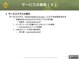 サービスの実装（５）
サービスクラスの修正
サービスクラス「DownloadService.java」に以下の処理を加える
1. 自動作成されたStubクラスのサブクラスを定義
• 変数名：downloadServiceIf
2. インタフェースで定義されているメソッドの実装
• downloadFileメソッドの実装
3. onBindメソッドの戻り値の修正
• 戻り値：downloadServiceIf

This material is licensed under the Creative Commons License BY-NC-SA 4.0.

ⅰ - 376

 