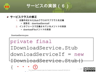 サービスの実装（６）
サービスクラスの修正
1. 自動作成されたStubクラスのサブクラスを定義
• 変数名：downloadServiceIf
2. インタフェースで定義されているメソッドの実装
• downloadFileメソッドの実装
DownloadService.java

private final
IDownloadService.Stub
downloadServiceIf = new
IDownloadService.Stub()
{ ・・・①
This material is licensed under the Creative Commons License BY-NC-SA 4.0.

ⅰ - 377

 