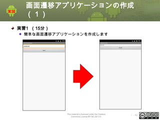画面遷移アプリケーションの作成
（１）
実習1 （15分）
簡単な画面遷移アプリケーションを作成します

This material is licensed under the Creative
Commons License BY-NC-SA 4.0.

ⅰ - 42

 