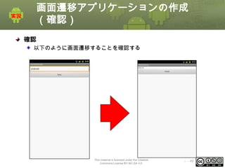 画面遷移アプリケーションの作成
（確認）
確認
以下のように画面遷移することを確認する

This material is licensed under the Creative
Commons License BY-NC-SA 4.0.

ⅰ - 49

 