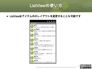 ListViewの使い方
ListViewはアイテム内のレイアウトを変更することも可能です

ⅰ - 59

This material is licensed under the Creative Commons License BY-NC-SA 4.0.

 