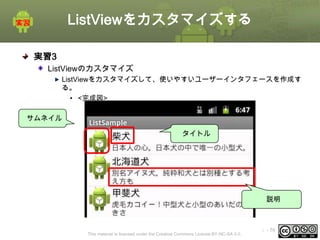 ListViewをカスタマイズする
実習3
ListViewのカスタマイズ
ListViewをカスタマイズして、使いやすいユーザーインタフェースを作成す
る。
• <完成図>
サムネイル
タイトル

説明

This material is licensed under the Creative Commons License BY-NC-SA 4.0.

ⅰ - 76

 