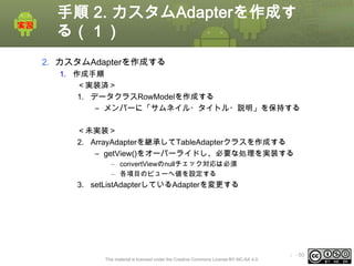 手順 2. カスタムAdapterを作成す
る（１）
2. カスタムAdapterを作成する
1. 作成手順
＜実装済＞
1. データクラスRowModelを作成する
– メンバーに「サムネイル・タイトル・説明」を保持する

＜未実装＞
2. ArrayAdapterを継承してTableAdapterクラスを作成する
– getView()をオーバーライドし、必要な処理を実装する
– convertViewのnullチェック対応は必須
– 各項目のビューへ値を設定する

3. setListAdapterしているAdapterを変更する

This material is licensed under the Creative Commons License BY-NC-SA 4.0.

ⅰ - 80

 