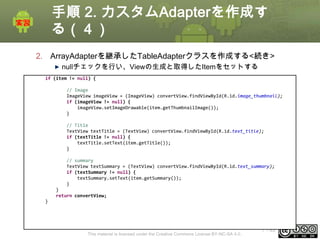 手順 2. カスタムAdapterを作成す
る（４）
2. ArrayAdapterを継承したTableAdapterクラスを作成する<続き>
nullチェックを行い、Viewの生成と取得したItemをセットする
if (item != null) {
// Image
ImageView imageView = (ImageView) convertView.findViewById(R.id.image_thumbnail);
if (imageView != null) {
imageView.setImageDrawable(item.getThumbnailImage());
}
// Title
TextView textTitle = (TextView) convertView.findViewById(R.id.text_title);
if (textTitle != null) {
textTitle.setText(item.getTitle());
}
// summary
TextView textSummary = (TextView) convertView.findViewById(R.id.text_summary);
if (textSummary != null) {
textSummary.setText(item.getSummary());
}
}
return convertView;
}

This material is licensed under the Creative Commons License BY-NC-SA 4.0.

ⅰ - 83

 