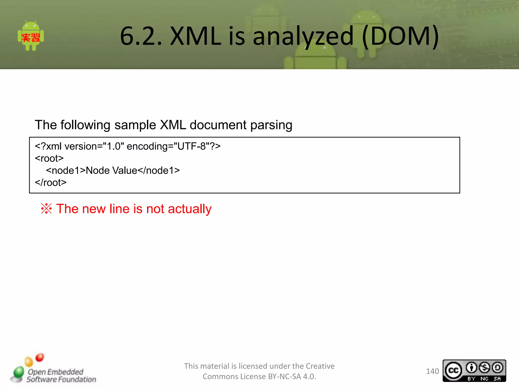 6.2. XML is analyzed (DOM)
The following sample XML document parsing
<?xml version="1.0" encoding="UTF-8"?>
<root>
<node1>Node Value</node1>
</root>

※ The new line is not actually

This material is licensed under the Creative
Commons License BY-NC-SA 4.0.

140

 