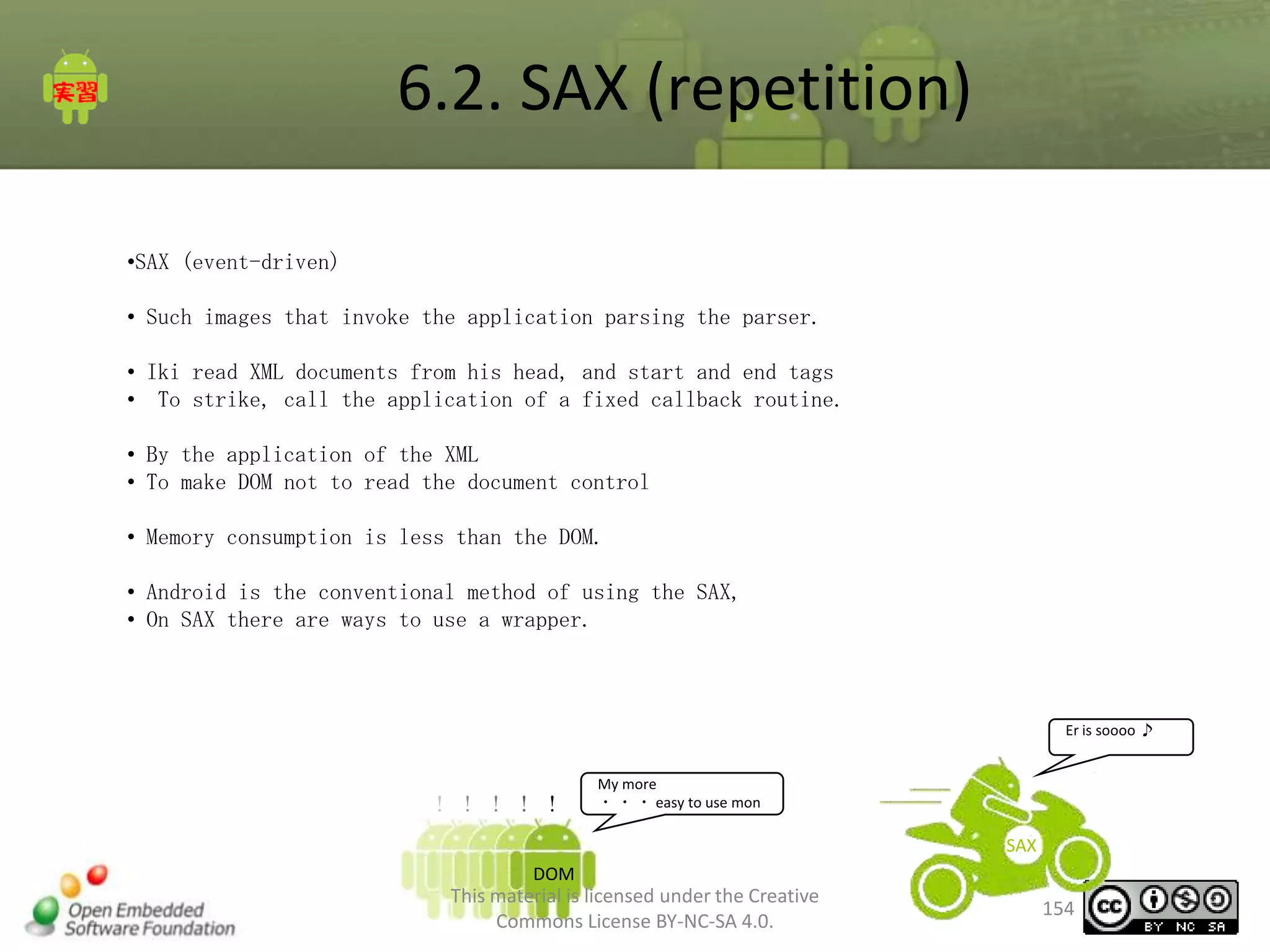 6.2. SAX (repetition)
•SAX (event-driven)
• Such images that invoke the application parsing the parser.
• Iki read XML documents from his head, and start and end tags
• To strike, call the application of a fixed callback routine.
• By the application of the XML
• To make DOM not to read the document control
• Memory consumption is less than the DOM.
• Android is the conventional method of using the SAX,
• On SAX there are ways to use a wrapper.

Er is soooo ♪

！！！！！

My more
・ ・ ・ easy to use mon

SAX
DOM

This material is licensed under the Creative
Commons License BY-NC-SA 4.0.

154

 