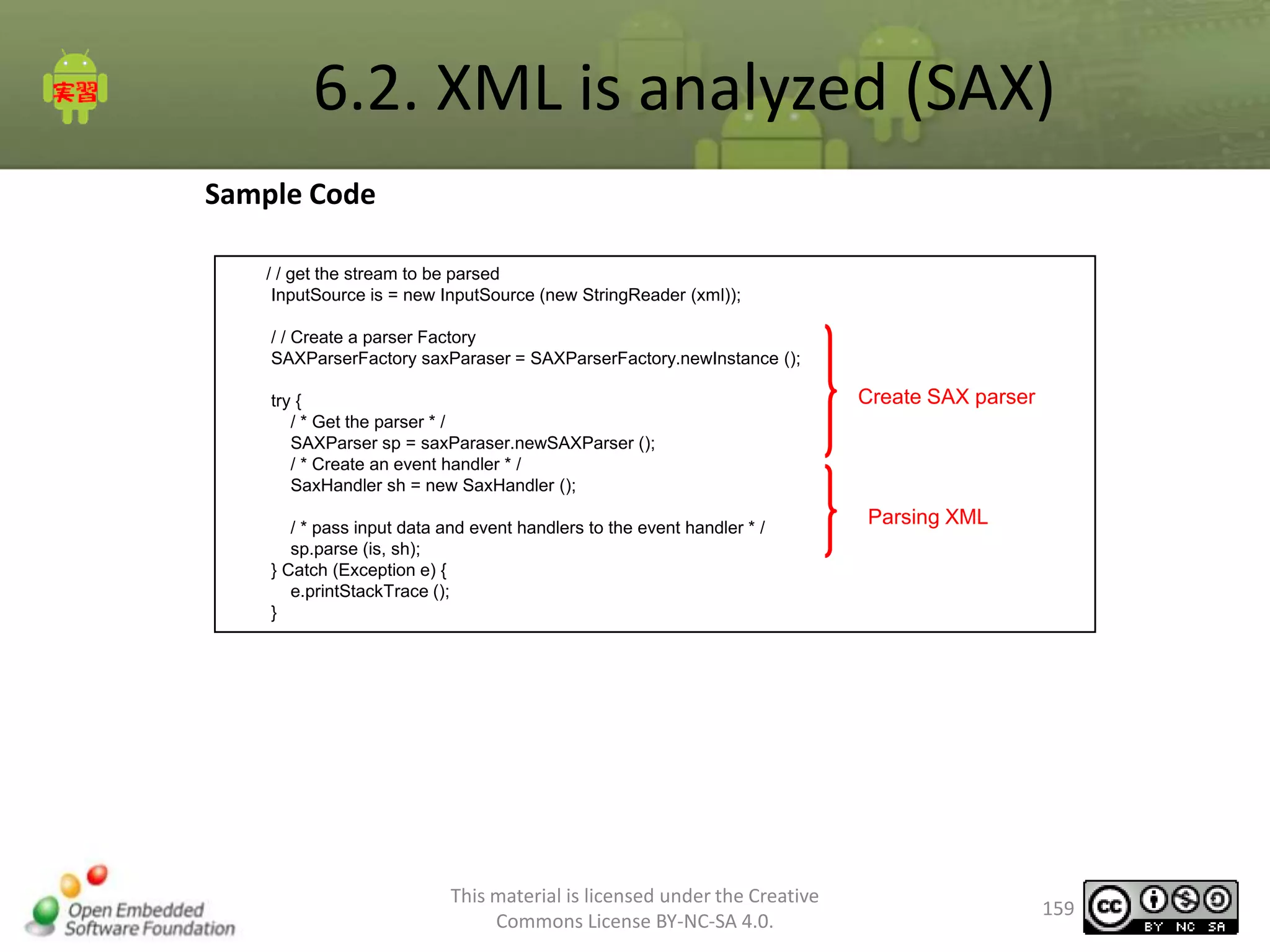6.2. XML is analyzed (SAX)
Sample Code
/ / get the stream to be parsed
InputSource is = new InputSource (new StringReader (xml));
/ / Create a parser Factory
SAXParserFactory saxParaser = SAXParserFactory.newInstance ();
try {
/ * Get the parser * /
SAXParser sp = saxParaser.newSAXParser ();
/ * Create an event handler * /
SaxHandler sh = new SaxHandler ();
/ * pass input data and event handlers to the event handler * /
sp.parse (is, sh);
} Catch (Exception e) {
e.printStackTrace ();
}

This material is licensed under the Creative
Commons License BY-NC-SA 4.0.

Create SAX parser

Parsing XML

159

 