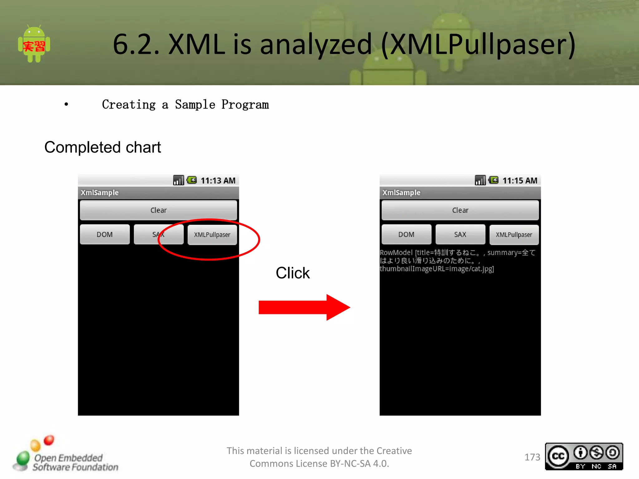 6.2. XML is analyzed (XMLPullpaser)
•

Creating a Sample Program

Completed chart

Click

This material is licensed under the Creative
Commons License BY-NC-SA 4.0.

173

 