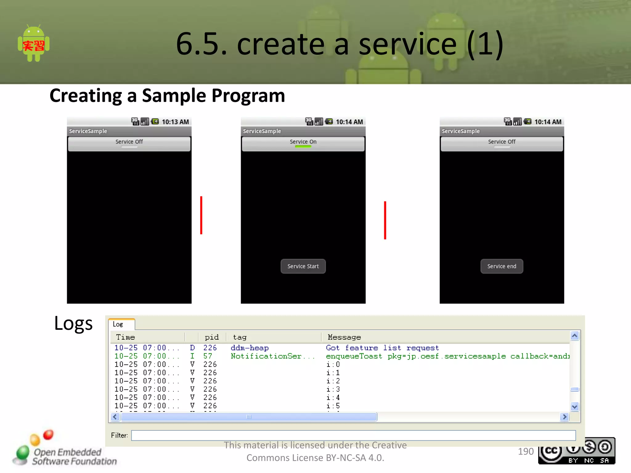 6.5. create a service (1)
Creating a Sample Program

Logs

This material is licensed under the Creative
Commons License BY-NC-SA 4.0.

190

 