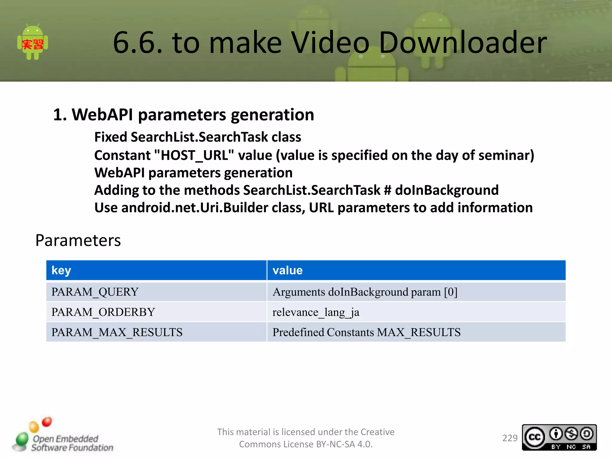 6.6. to make Video Downloader
1. WebAPI parameters generation
Fixed SearchList.SearchTask class
Constant "HOST_URL" value (value is specified on the day of seminar)
WebAPI parameters generation
Adding to the methods SearchList.SearchTask # doInBackground
Use android.net.Uri.Builder class, URL parameters to add information

Parameters
key

value

PARAM_QUERY

Arguments doInBackground param [0]

PARAM_ORDERBY

relevance_lang_ja

PARAM_MAX_RESULTS

Predefined Constants MAX_RESULTS

This material is licensed under the Creative
Commons License BY-NC-SA 4.0.

229

 