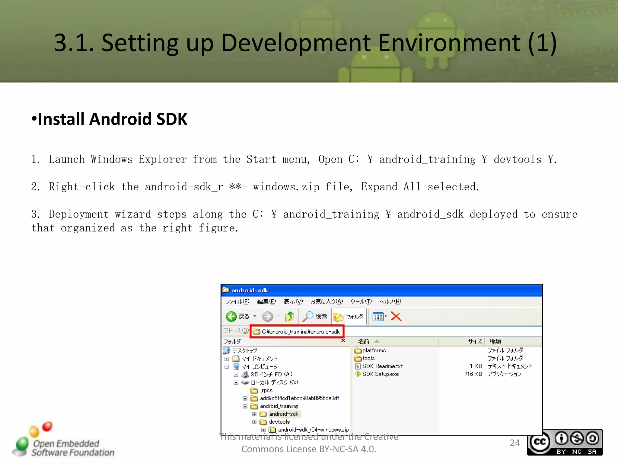 3.1. Setting up Development Environment (1)
•Install Android SDK
1. Launch Windows Explorer from the Start menu, Open C:  android_training  devtools .
2. Right-click the android-sdk_r **- windows.zip file, Expand All selected.
3. Deployment wizard steps along the C:  android_training  android_sdk deployed to ensure
that organized as the right figure.

This material is licensed under the Creative
Commons License BY-NC-SA 4.0.

24

 