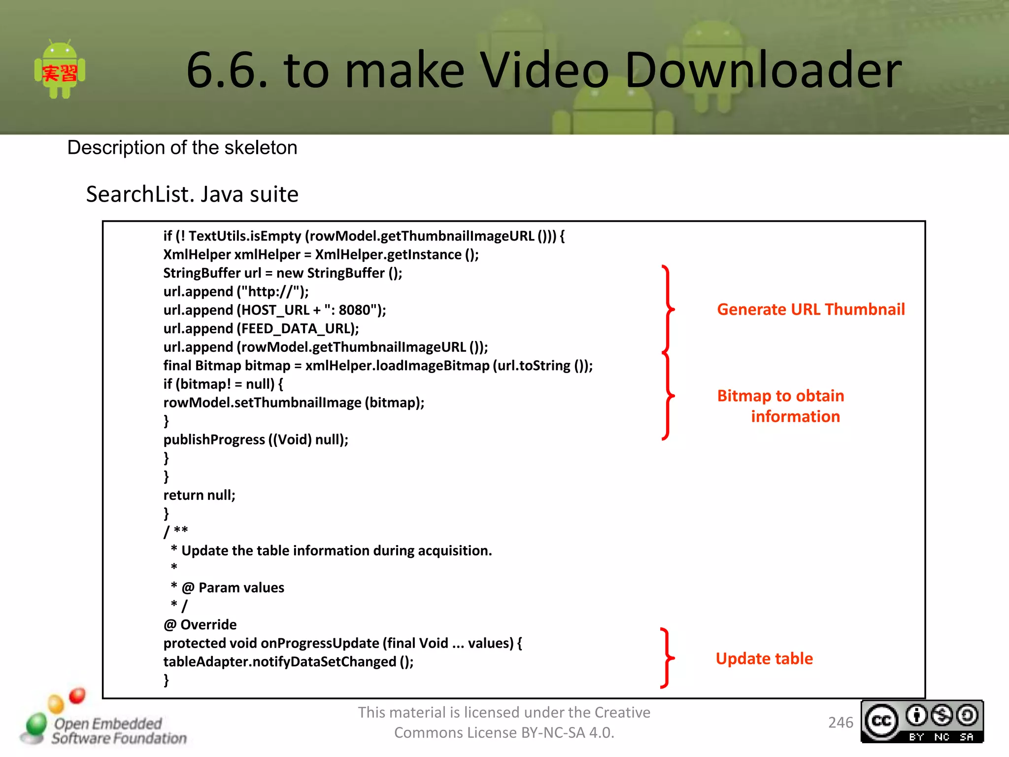 6.6. to make Video Downloader
Description of the skeleton

SearchList. Java suite
if (! TextUtils.isEmpty (rowModel.getThumbnailImageURL ())) {
XmlHelper xmlHelper = XmlHelper.getInstance ();
StringBuffer url = new StringBuffer ();
url.append ("http://");
url.append (HOST_URL + ": 8080");
url.append (FEED_DATA_URL);
url.append (rowModel.getThumbnailImageURL ());
final Bitmap bitmap = xmlHelper.loadImageBitmap (url.toString ());
if (bitmap! = null) {
rowModel.setThumbnailImage (bitmap);
}
publishProgress ((Void) null);
}
}
return null;
}
/ **
* Update the table information during acquisition.
*
* @ Param values
*/
@ Override
protected void onProgressUpdate (final Void ... values) {
tableAdapter.notifyDataSetChanged ();
}

This material is licensed under the Creative
Commons License BY-NC-SA 4.0.

Generate URL Thumbnail

Bitmap to obtain
information

Update table

246

 