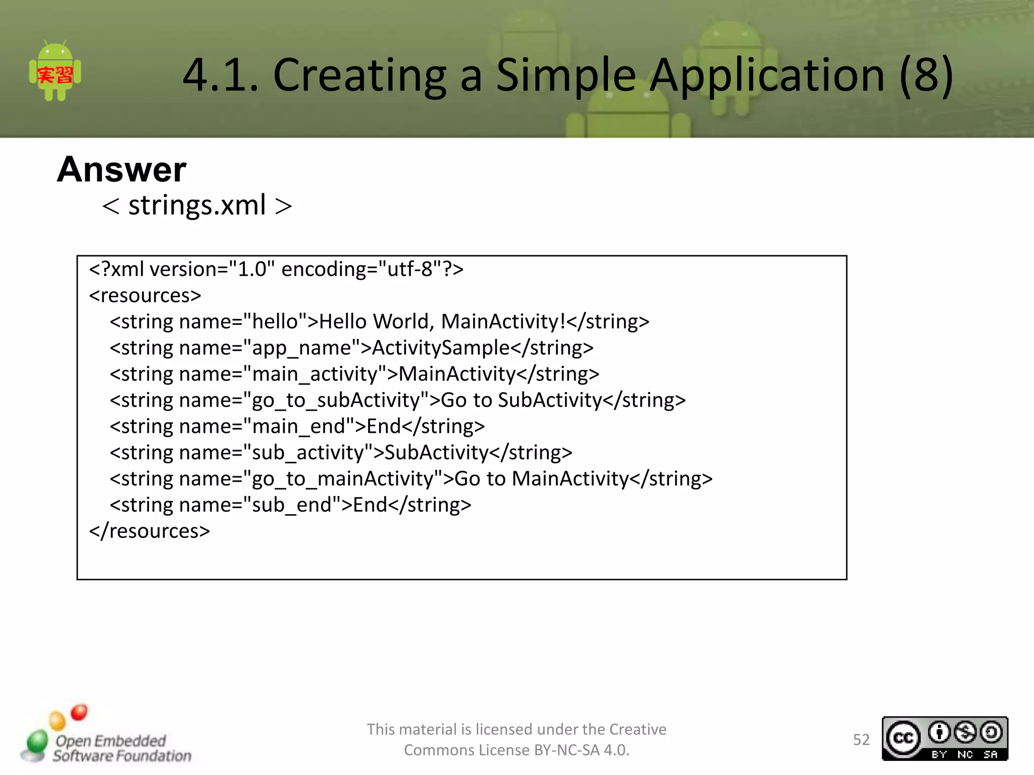 4.1. Creating a Simple Application (8)
Answer
＜ strings.xml ＞

<?xml version="1.0" encoding="utf-8"?>
<resources>
<string name="hello">Hello World, MainActivity!</string>
<string name="app_name">ActivitySample</string>
<string name="main_activity">MainActivity</string>
<string name="go_to_subActivity">Go to SubActivity</string>
<string name="main_end">End</string>
<string name="sub_activity">SubActivity</string>
<string name="go_to_mainActivity">Go to MainActivity</string>
<string name="sub_end">End</string>
</resources>

This material is licensed under the Creative
Commons License BY-NC-SA 4.0.

52

 