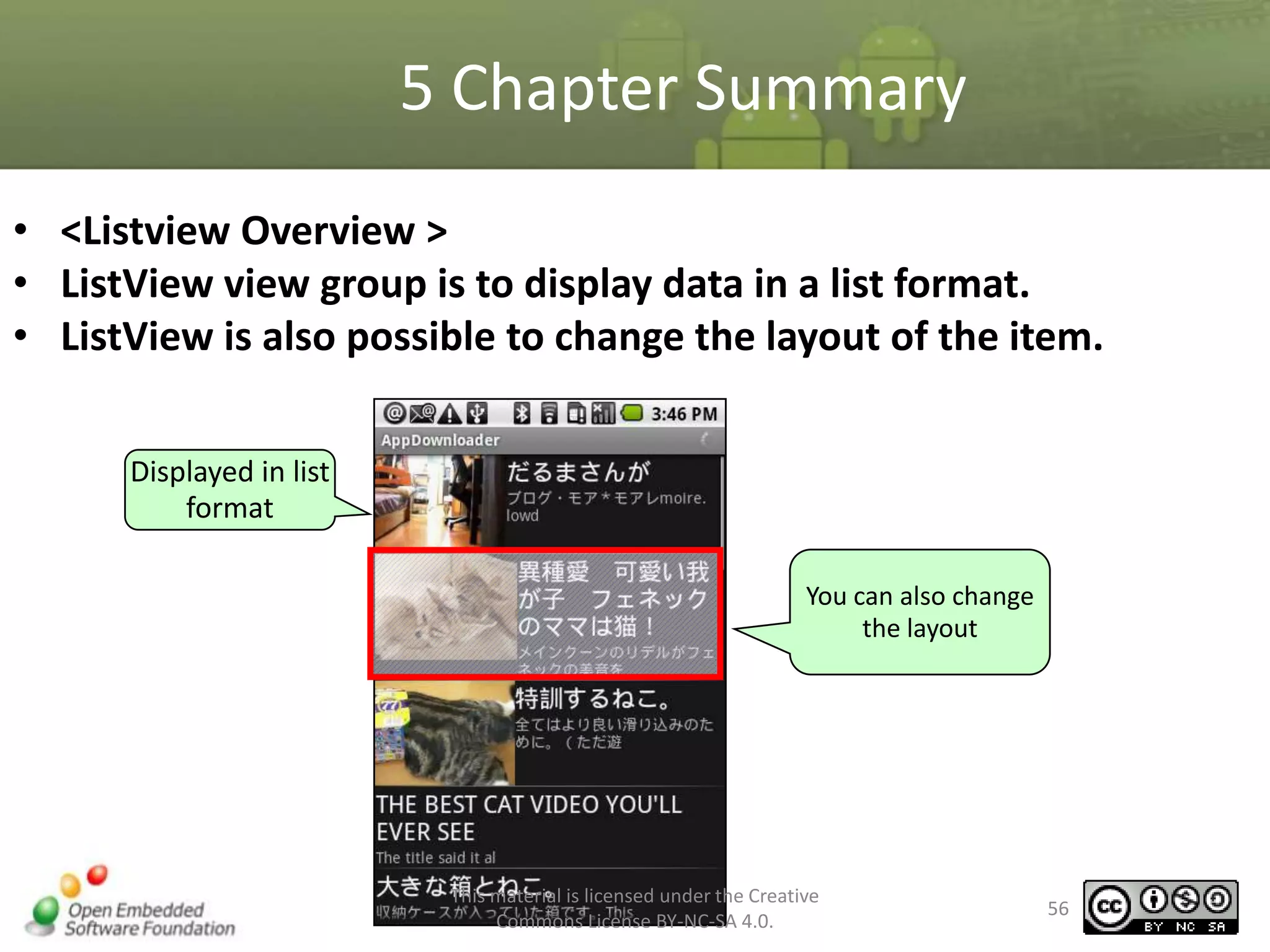 5 Chapter Summary
• <Listview Overview >
• ListView view group is to display data in a list format.
• ListView is also possible to change the layout of the item.
Displayed in list
format
You can also change
the layout

This material is licensed under the Creative
Commons License BY-NC-SA 4.0.

56

 
