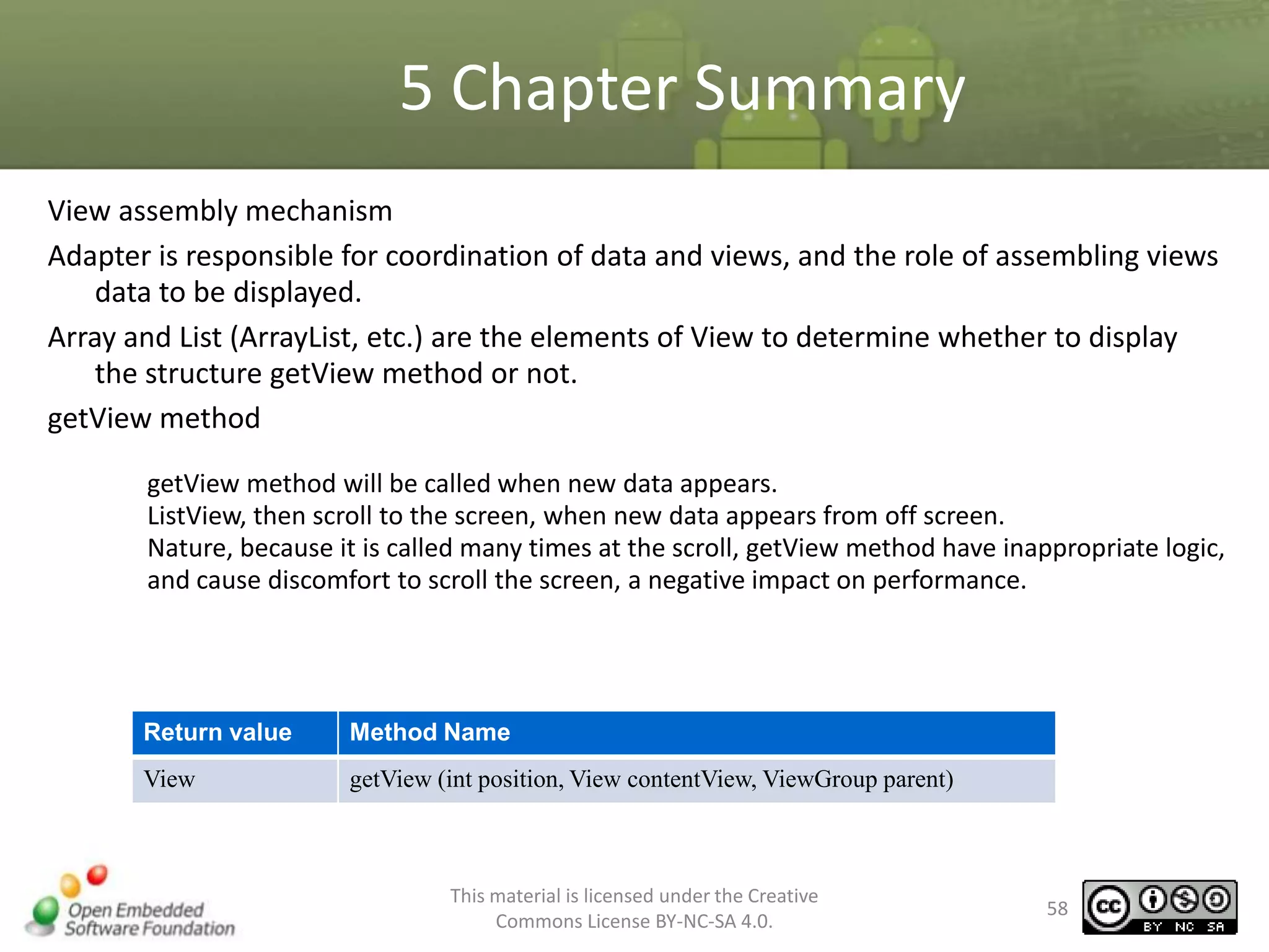 5 Chapter Summary
View assembly mechanism
Adapter is responsible for coordination of data and views, and the role of assembling views
data to be displayed.
Array and List (ArrayList, etc.) are the elements of View to determine whether to display
the structure getView method or not.
getView method
getView method will be called when new data appears.
ListView, then scroll to the screen, when new data appears from off screen.
Nature, because it is called many times at the scroll, getView method have inappropriate logic,
and cause discomfort to scroll the screen, a negative impact on performance.

Return value

Method Name

View

getView (int position, View contentView, ViewGroup parent)

This material is licensed under the Creative
Commons License BY-NC-SA 4.0.

58

 