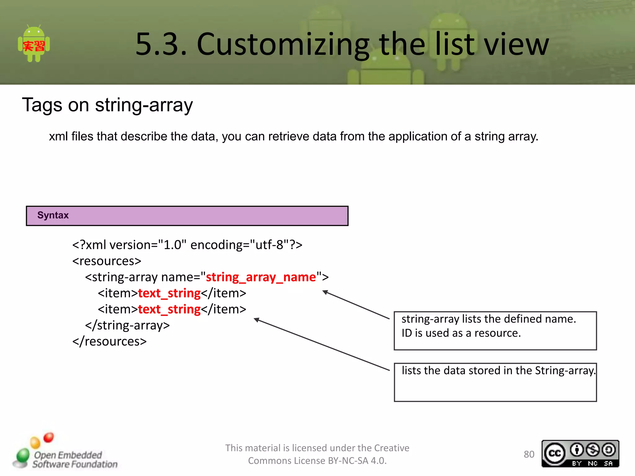 5.3. Customizing the list view
Tags on string-array
xml files that describe the data, you can retrieve data from the application of a string array.

Syntax

<?xml version="1.0" encoding="utf-8"?>
<resources>
<string-array name="string_array_name">
<item>text_string</item>
<item>text_string</item>
</string-array>
</resources>

string-array lists the defined name.
ID is used as a resource.
lists the data stored in the String-array.

This material is licensed under the Creative
Commons License BY-NC-SA 4.0.

80

 