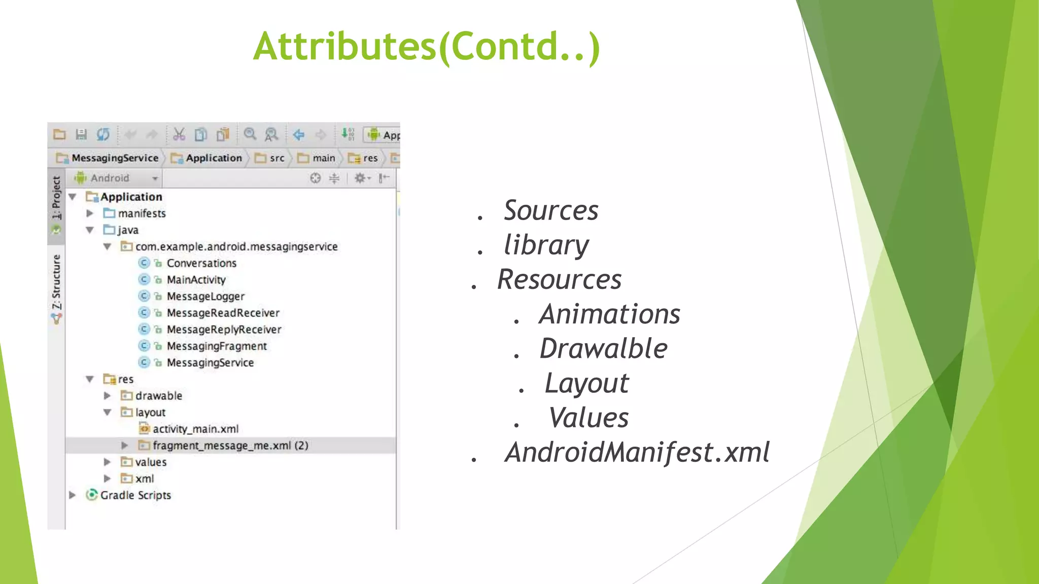 Attributes(Contd..)
. Sources
. library
. Resources
. Animations
. Drawalble
. Layout
. Values
. AndroidManifest.xml
 