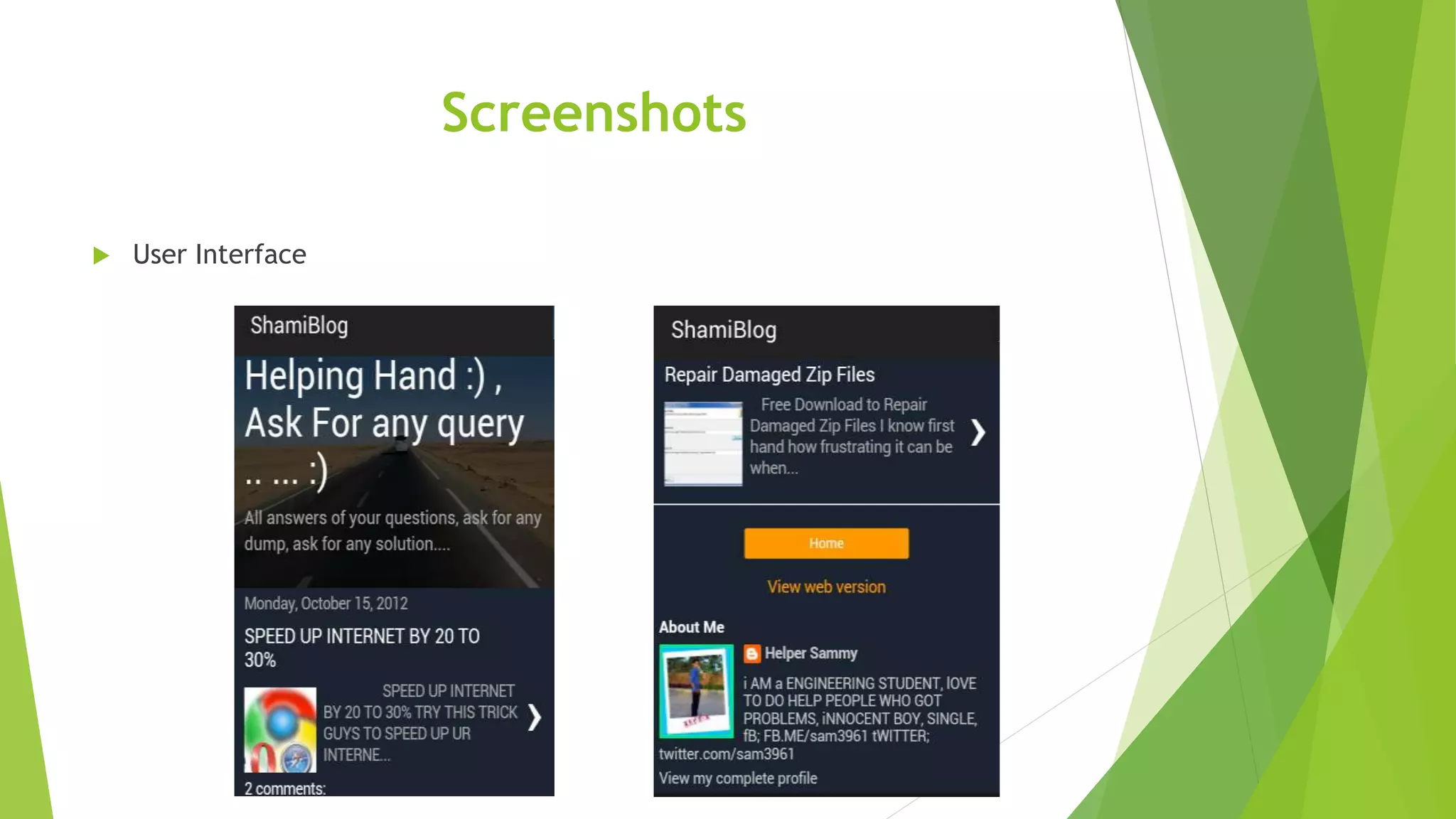 Screenshots
 User Interface
 