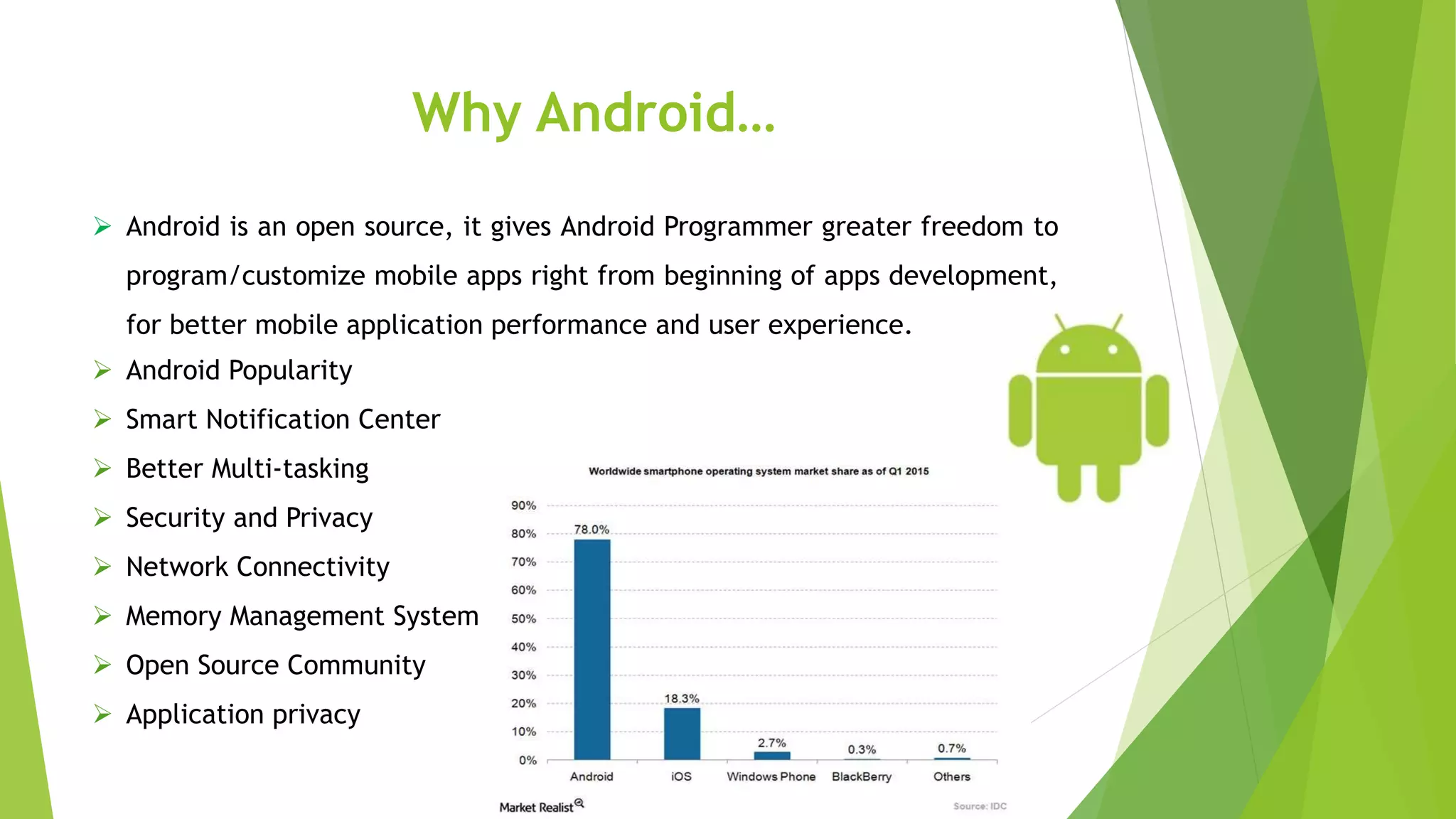 Why Android…
 Android is an open source, it gives Android Programmer greater freedom to
program/customize mobile apps right from beginning of apps development,
for better mobile application performance and user experience.
 Android Popularity
 Smart Notification Center
 Better Multi-tasking
 Security and Privacy
 Network Connectivity
 Memory Management System
 Open Source Community
 Application privacy
 