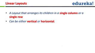 Linear Layouts

• A Layout that arranges its children in a single column or a
  single row
• Can be either vertical or horizontal.
 