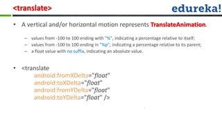 <translate>
• A vertical and/or horizontal motion represents TranslateAnimation.
   – values from -100 to 100 ending with "%", indicating a percentage relative to itself;
   – values from -100 to 100 ending in "%p", indicating a percentage relative to its parent;
   – a float value with no suffix, indicating an absolute value.


• <translate
      android:fromXDelta="float"
      android:toXDelta="float"
      android:fromYDelta="float"
      android:toYDelta="float" />
 