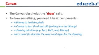Canvas

• The Canvas class holds the "draw" calls.
• To draw something, you need 4 basic components:
   –   A Bitmap to hold the pixels
   –   A Canvas to host the draw calls (writing into the bitmap)
   –   a drawing primitive (e.g. Rect, Path, text, Bitmap)
   –   and a paint (to describe the colors and styles for the drawing)
 