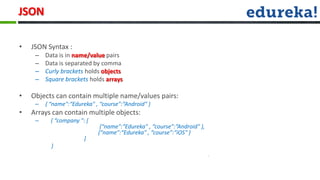 JSON

•   JSON Syntax :
     –   Data is in name/value pairs
     –   Data is separated by comma
     –   Curly brackets holds objects
     –   Square brackets holds arrays

•   Objects can contain multiple name/values pairs:
     –   { “name":“Edureka" , “course":“Android" }
•   Arrays can contain multiple objects:
     –     { “company ": [
                              {“name":“Edureka" , “course":“Android" },
                             {“name":“Edureka" , “course":“iOS" }
                        ]
           }
 