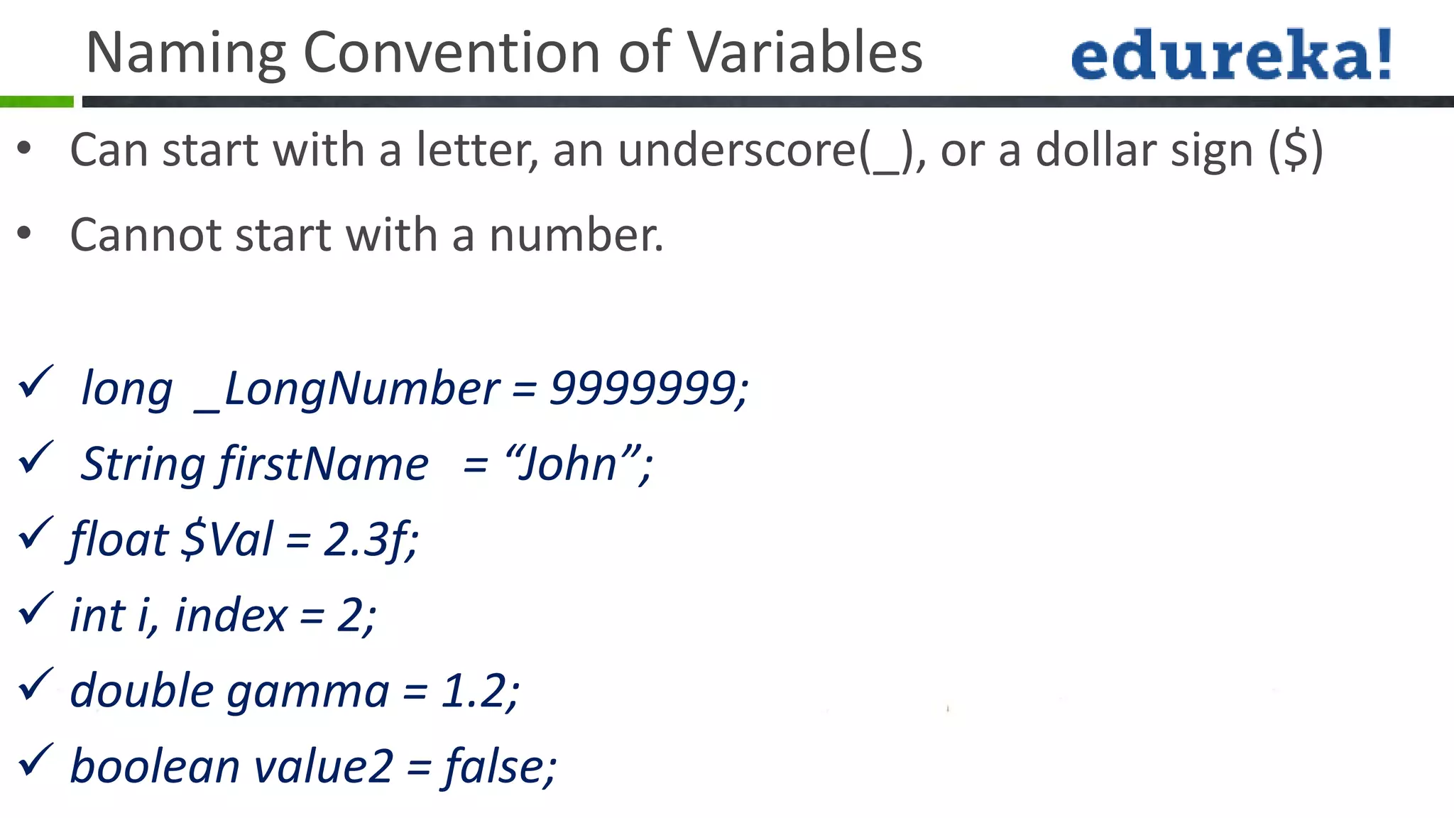 Naming Convention of Variables
• Can start with a letter, an underscore(_), or a dollar sign ($)
• Cannot start with a number.

 long _LongNumber = 9999999;
 String firstName = “John”;
 float $Val = 2.3f;
 int i, index = 2;
 double gamma = 1.2;
 boolean value2 = false;
 