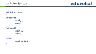 switch– Syntax

switch (expression)
{
case cond1:
          block_1;
          break;

case cond2:
          block_2;
          break;
...
default:
          block_default;
}
 