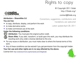 Rights to copy
                                                                        © Copyright 2011 0xlab
                                                                                http://0xlab.org/

                                                                              contact@0xlab.org
Attribution – ShareAlike 3.0                              Corrections, suggestions, contributions and
You are free
                                                                            translations are welcome!
   to copy, distribute, display, and perform the work
   to make derivative works                                              Latest update:April 28, 2011
   to make commercial use of the work
Under the following conditions
      Attribution. You must give the original author credit.
      Share Alike. If you alter, transform, or build upon this work, you may distribute the
      resulting work only under a license identical to this one.
   For any reuse or distribution, you must make clear to others the license terms of this
   work.
   Any of these conditions can be waived if you get permission from the copyright holder.
Your fair use and other rights are in no way affected by the above.
License text: http://creativecommons.org/licenses/by-sa/3.0/legalcode
 