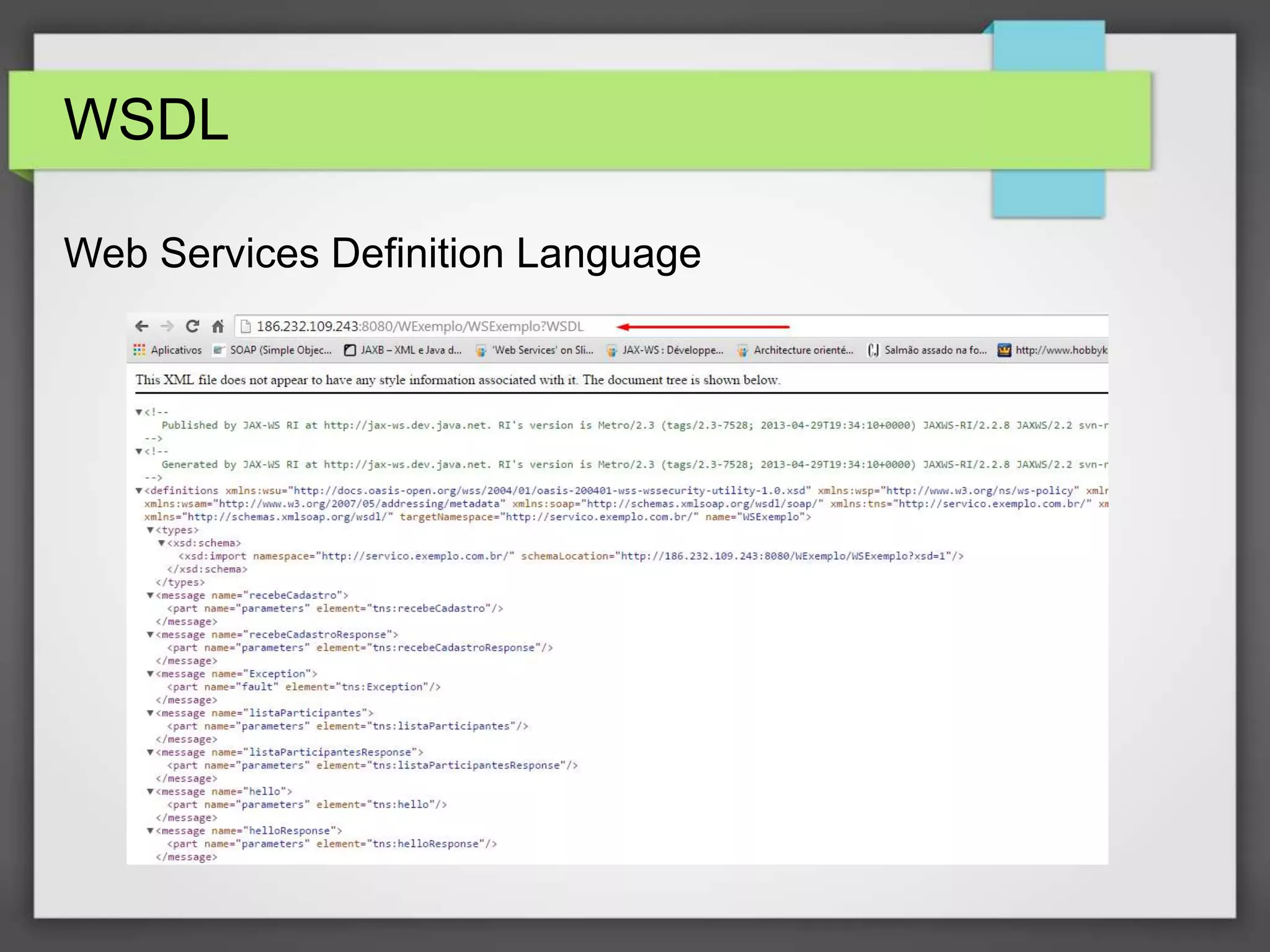WSDL 
Web Services Definition Language 
 