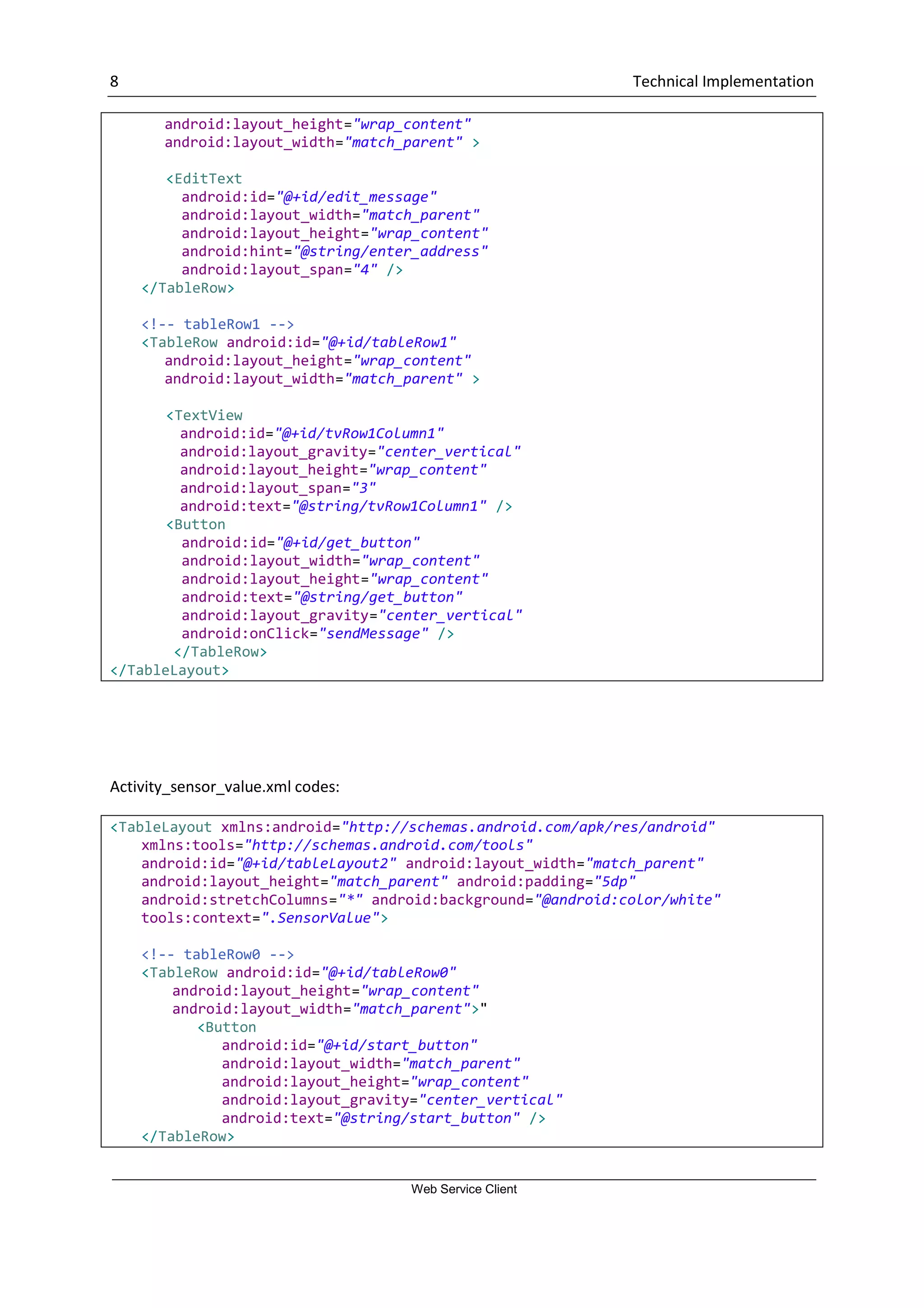 8 Technical Implementation Web Service Client android:layout_height="wrap_content" android:layout_width="match_parent" > <EditText android:id="@+id/edit_message" android:layout_width="match_parent" android:layout_height="wrap_content" android:hint="@string/enter_address" android:layout_span="4" /> </TableRow> <!-- tableRow1 --> <TableRow android:id="@+id/tableRow1" android:layout_height="wrap_content" android:layout_width="match_parent" > <TextView android:id="@+id/tvRow1Column1" android:layout_gravity="center_vertical" android:layout_height="wrap_content" android:layout_span="3" android:text="@string/tvRow1Column1" /> <Button android:id="@+id/get_button" android:layout_width="wrap_content" android:layout_height="wrap_content" android:text="@string/get_button" android:layout_gravity="center_vertical" android:onClick="sendMessage" /> </TableRow> </TableLayout> Activity_sensor_value.xml codes: <TableLayout xmlns:android="http://schemas.android.com/apk/res/android" xmlns:tools="http://schemas.android.com/tools" android:id="@+id/tableLayout2" android:layout_width="match_parent" android:layout_height="match_parent" android:padding="5dp" android:stretchColumns="*" android:background="@android:color/white" tools:context=".SensorValue"> <!-- tableRow0 --> <TableRow android:id="@+id/tableRow0" android:layout_height="wrap_content" android:layout_width="match_parent">" <Button android:id="@+id/start_button" android:layout_width="match_parent" android:layout_height="wrap_content" android:layout_gravity="center_vertical" android:text="@string/start_button" /> </TableRow> 