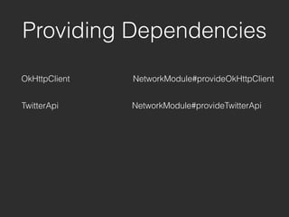 OkHttpClient
Providing Dependencies
NetworkModule#provideOkHttpClient
TwitterApi NetworkModule#provideTwitterApi
 