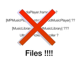 MediaPlayer.framework?

[MPMusicPlayerController iPodMusicPlayer] ??

   [MusicLibrary sharedMusicLibrary] ???
        UIImagePickerController ?




            Files !!!!
 