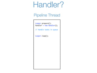 Handler?
Pipeline Thread
Looper.prepare();
handler = new Handler();

// handle tasks in queue



Looper.loop();
 