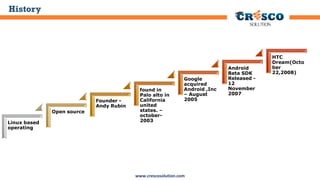 History

Founder Andy Rubin
Open source
Linux based
operating

found in
Palo alto in
California
united
states. –
october2003

Google
acquired
Android ,Inc
– August
2005

www.crescosolution.com

Android
Beta SDK
Released 12
November
2007

HTC
Dream(Octo
ber
22,2008)

 