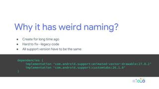Why it has weird naming?
● Create for long time ago
● Hard to fix--legacy code
● All support version have to be the same
dependencies {
implementation ‘com.android.support:animated-vector-drawable:27.0.2’
implementation ‘com.android.support:customtabs:26.1.0’
}
 