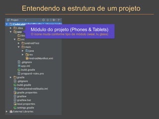 Entendendo a estrutura de um projeto
Módulo do projeto (Phones & Tablets)
O ícone muda conforme tipo de módulo (wear, tv, glass)
 