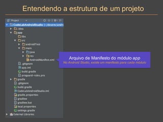 Entendendo a estrutura de um projeto
Arquivo de Manifesto do módulo app
No Android Studio, existe um manifesto para cada módulo
 