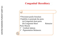 Congenital/ Hereditary
Persistent penile frenulum
Inability to protrude the penis
(a) Congenital short penis
(b) Congenital Short Retractor
Penis Muscle
 Urethral Aplasia
 Pigmentation Melanosis
GOVIND
NARAYAN
PUROHIT
(GNP
Sir)
 