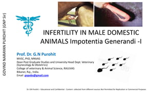 INFERTILITY IN MALE DOMESTIC
ANIMALS Impotentia Generandi -I
Prof. Dr. G.N Purohit
MVSC, PhD, MNVAS
Dean Post Graduate Studies and University Head Dept. Veterinary
(Gynecology & Obstetrics)
College of veterinary & Animal Science, RAJUVAS
Bikaner, Raj., India.
Email: gnpobs@gmail.com
Dr. GN Purohit – Educational and Confidential - Content collected from different sources Not Permitted for Replication or Commercial Purposes
GOVIND
NARAYAN
PUROHIT
(GNP
Sir)
 